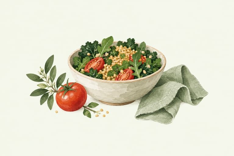Botanical illustration of a colorful grain bowl, tomato, and folded linen